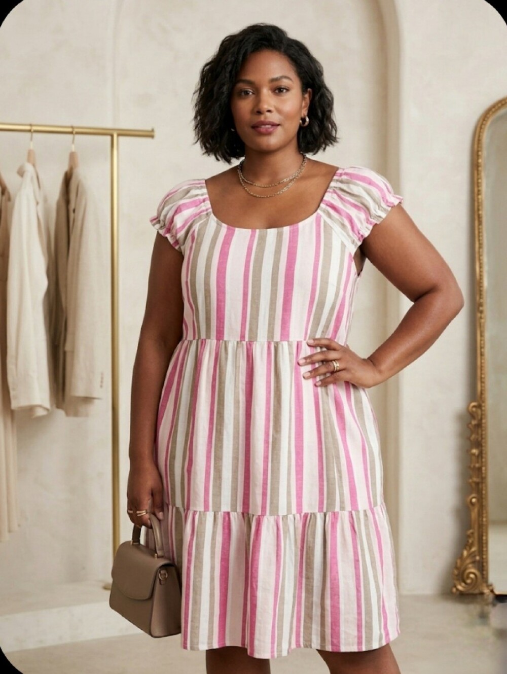 My Style Women's 100% Cotton Pink Striped Lightweight Loose Fit Dress Plus Size